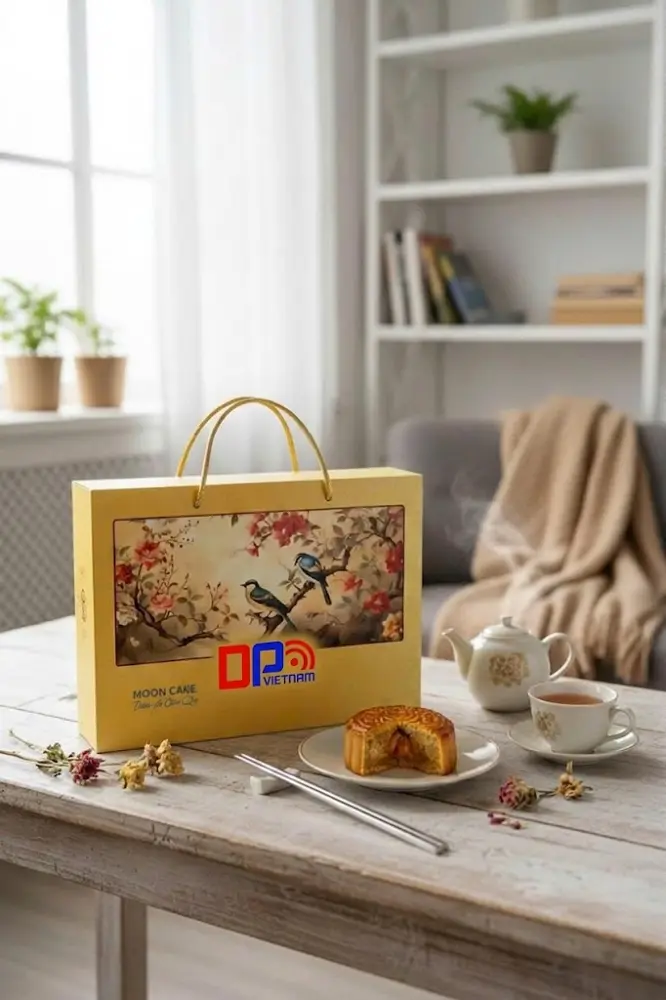 Hộp đựng bánh trung thu quai xách họa tiết Hoa Điểu cao cấp, tiện dụng.
