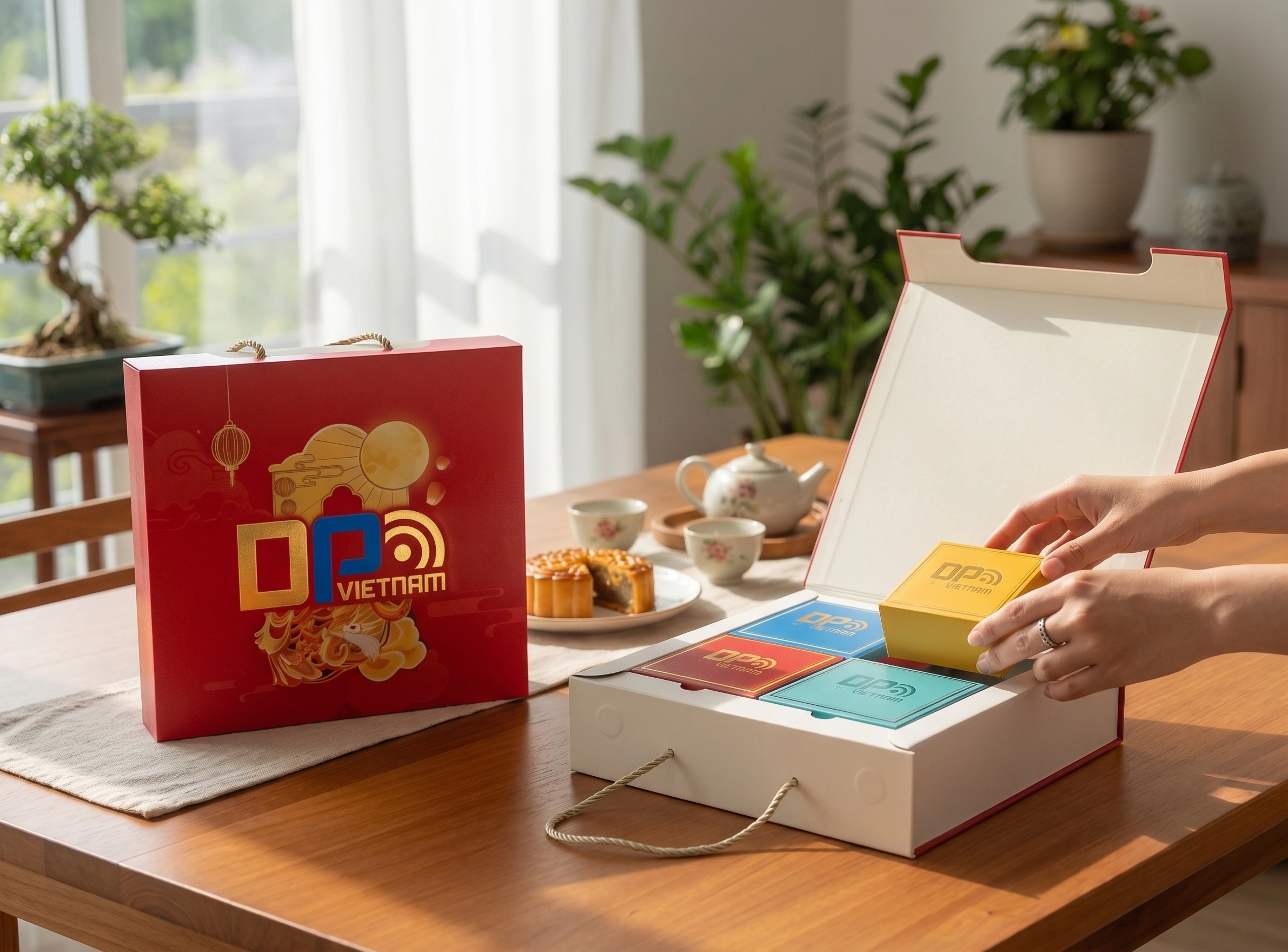 Hộp Bánh Trung Thu Vạn Phúc Tứ Sắc Cao Cấp, Thiết Kế Độc Quyền Theo Yêu Cầu