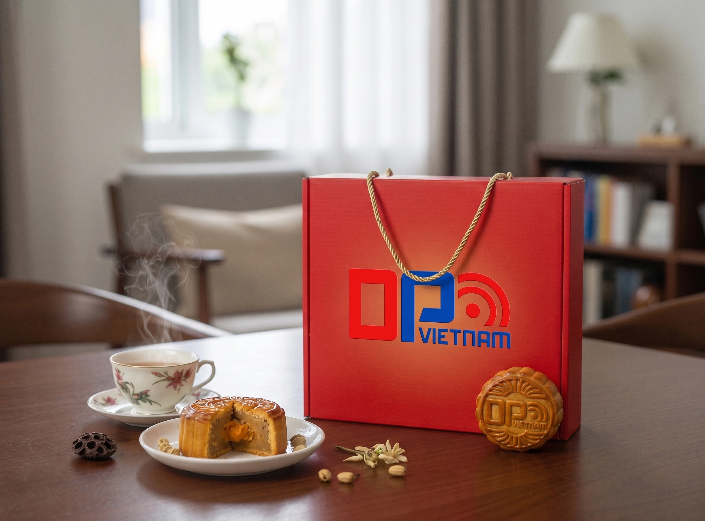Cận cảnh bánh trung thu nhân trứng muối được đóng dấu logo thương hiệu DP Vietnam