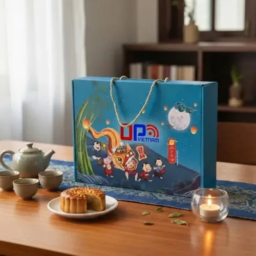 Hộp Đựng Bánh Trung Thu Quai Xách Màu Xanh Dương Dân Gian Cao Cấp, Thiết Kế Độc Quyền Theo Yêu Cầu